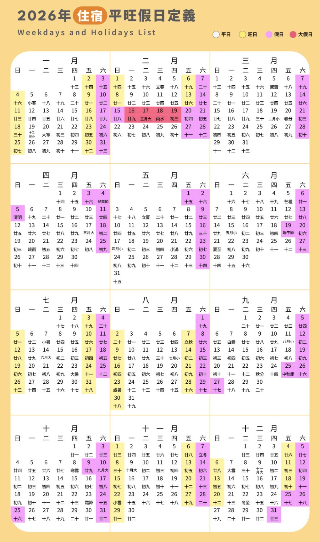 平假日表 1
