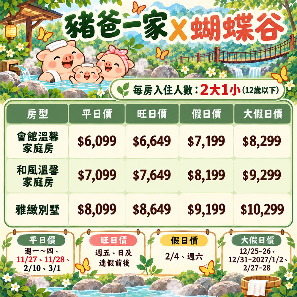 天成逸旅-蝴蝶谷|限時團購!2大1小 免費升等四人房, 一泊三食6099起 價格表